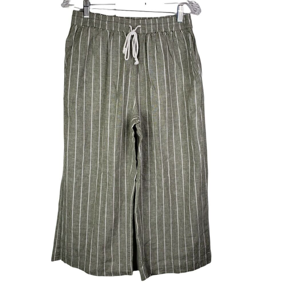 Beach Lunch Lounge Womens Olive WTB1861 Linen Wide Leg Cropped Pants Size Small